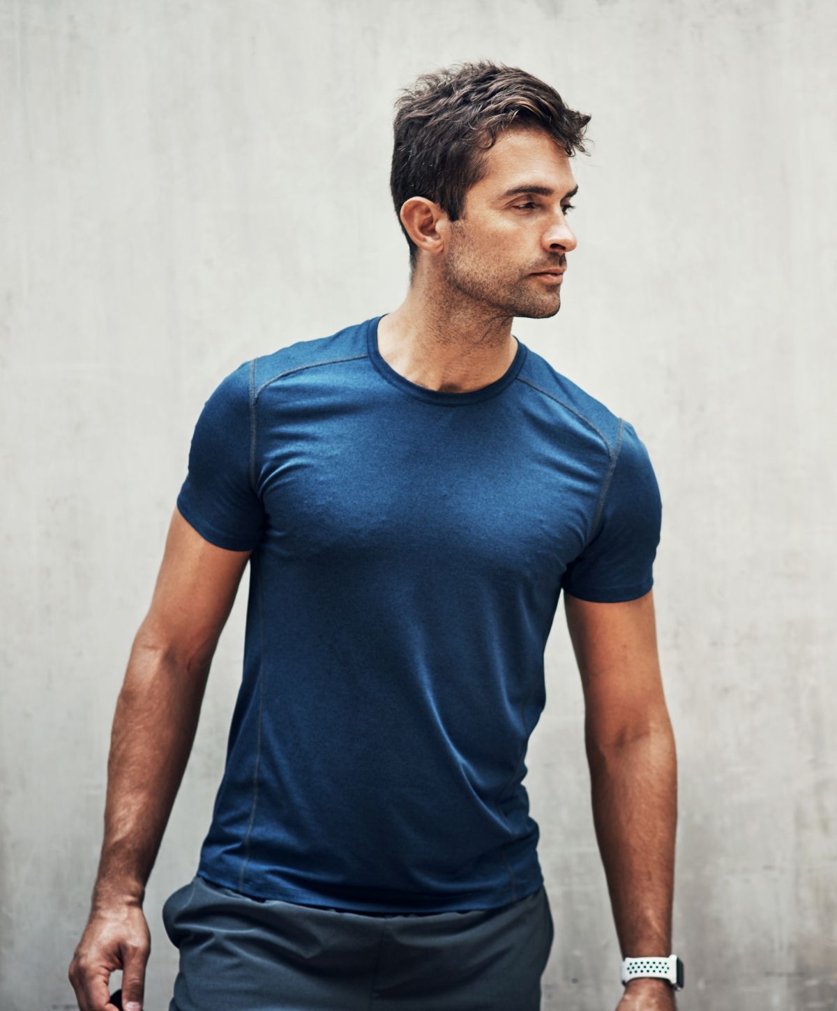 Franklin muscle toning model in blue shirt